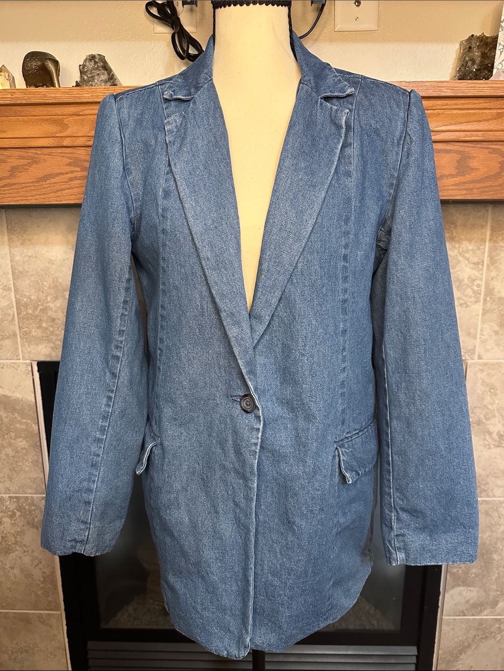 Denim & Co Small Denim Blazer Jacket Longline Shoulder Pads 90s Vintage Style